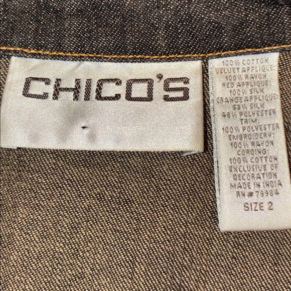 CHICO'S Embellished Denim Jacket, dark brown & red; embroidery, studs, beads. L - Picture 12 of 17